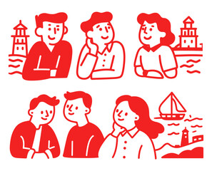 Red Cartoon Doodle of Young People by the Sea with Landmarks and Boats