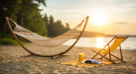 Fototapeta premium Relaxing beach scene with hammock and lounge chair at sunset. Summer vacation concept. Tropical paradise getaway. Coastal leisure and tranquility. Copy space for text.