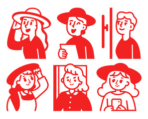 Playful Cartoon Characters with Hats in Vibrant Red Doodle Style