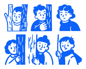 Cartoon Characters Playfully Interacting with Trees in Blue Doodle Style