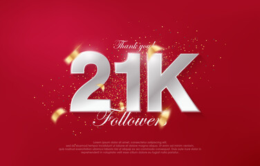 21k followers with luxurious silver numbers on a red background.