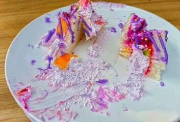 Partially Eaten Cake Dessert with Colorful Frosting on a Plate