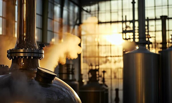 Close-up of the steam coming from modern whisky stills, golden hour, cinematic, 