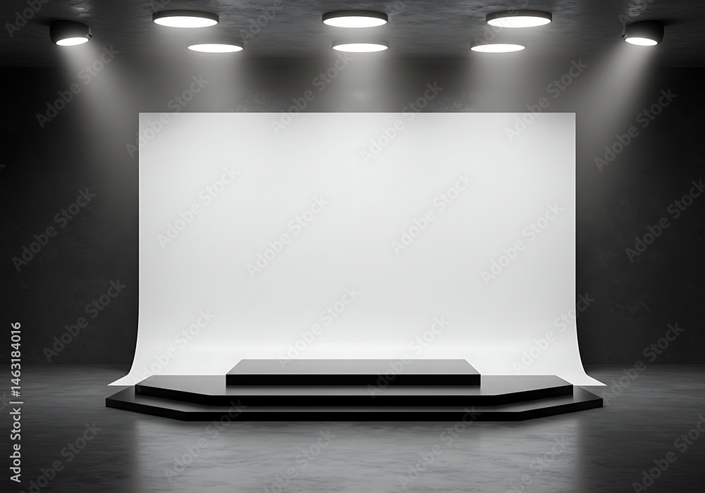 Poster clean studio setup with a white backdrop and a simple platform for presentations
