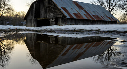 Rustic Barn Reflection in Melting Snow on Cold Winter Landscape