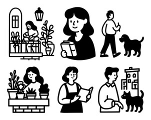 Charming Cartoon Doodles of People, Animals, and Plants in Black and White