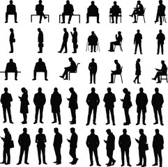 People Waiting Silhouette Set | Standing & Sitting Poses Silhouettes of Waiting People | Queue, Bus Stop, Crowd Icons