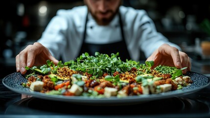 A chef presents a vibrant, colorful salad on a dark plate, garnished with fresh greens. Focus is on the beautifully plated dish