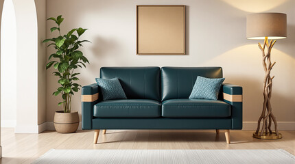 A teal sofa sits in a modern living room with a framed and potted plant.