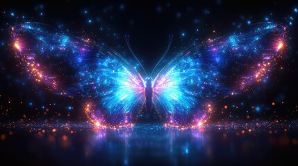 Obraz premium A vibrant, digital butterfly with glowing wings and sparkling effects, symbolizing beauty and transformation.