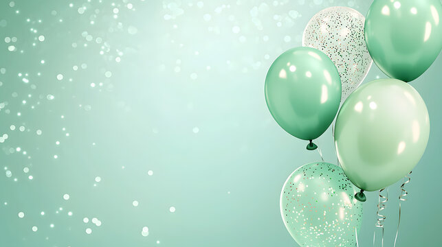 Pastel birthday celebration with confetti and balloons festive party background mint green atmosphere