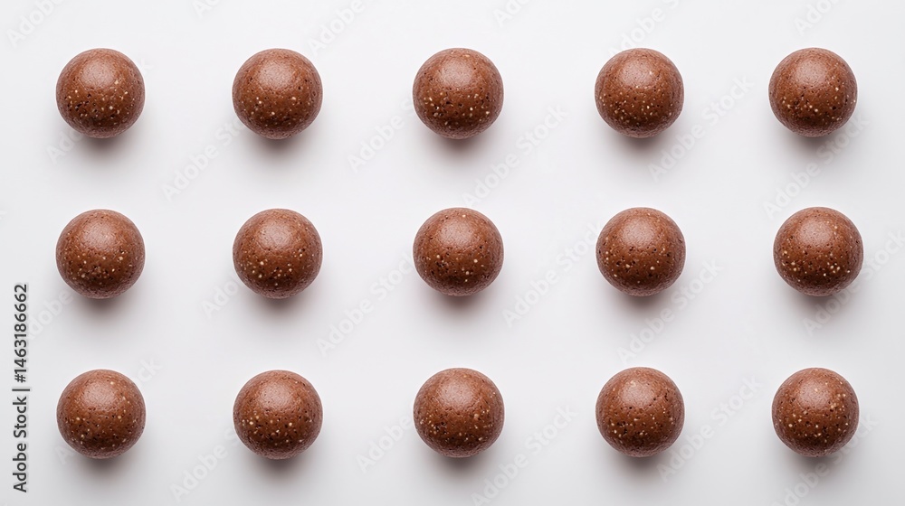 Poster chocolate balls are neatly arranged in a grid on a clean, white background, creating a visually plea