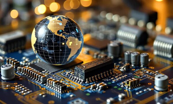 A globe made of circuit boards and microchips, sitting on top of an iPhone with the screen facing forward. The background is blurred to emphasize the world globe. There are buildings visible