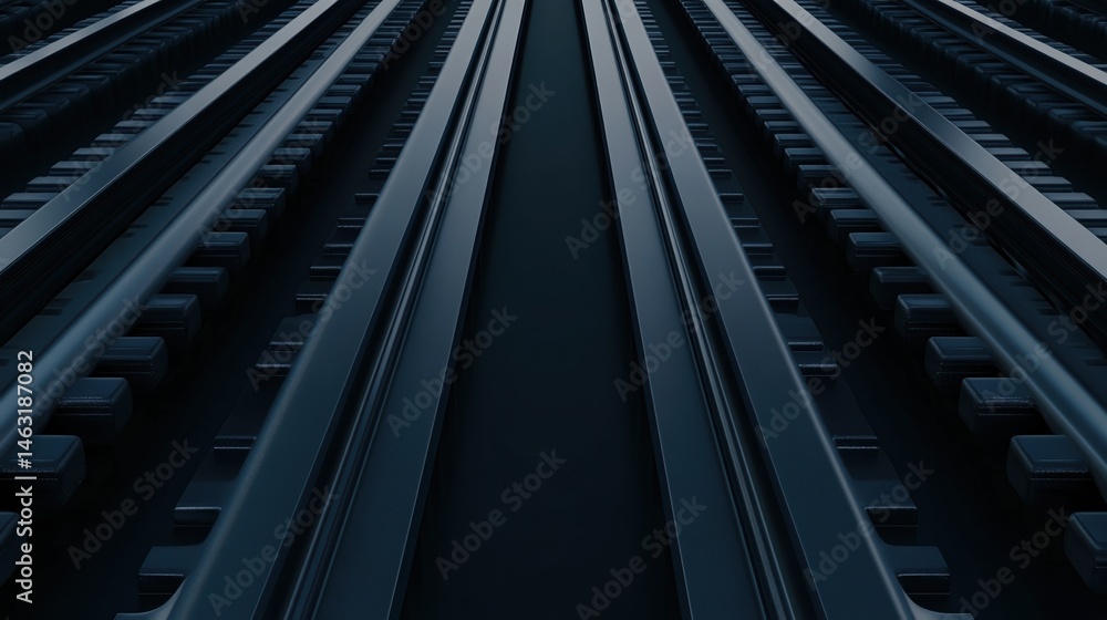 Poster close-up view of steel railway tracks in parallel lines, creating a strong sense of symmetry and dep