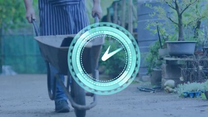 Senior man pushing wheelbarrow in garden, showcasing landscape design workflow with graphic overlay - Powered by Adobe