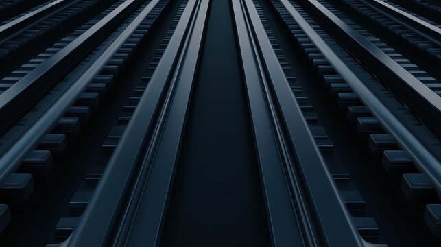 Close-up view of steel railway tracks in parallel lines, creating a strong sense of symmetry and depth.