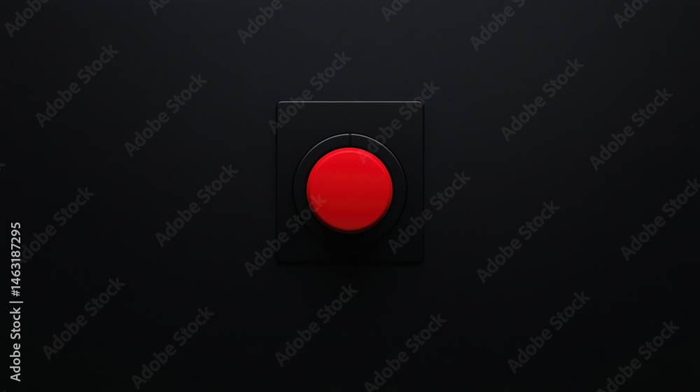 Poster a single red button centered on a black background, minimalist and striking in design.