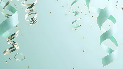 Mint green pastel celebration birthday background with confetti and balloons for party events
