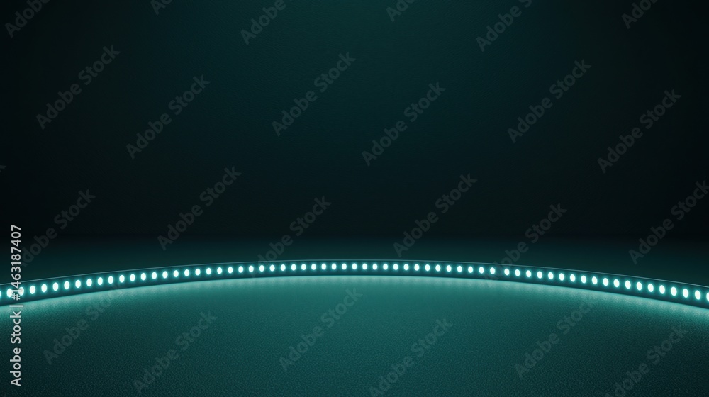 Poster a curved row of teal led lights illuminates a textured dark green surface, creating a futuristic and
