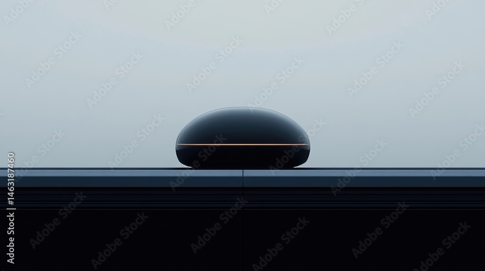 Poster minimalist image showing a black, dome-shaped object on a sleek, horizontal surface with a pale grad