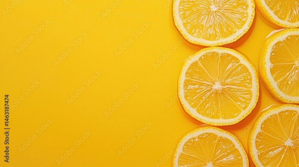 Aufkleber slices of lemon arranged vertically on a bright yellow background with ample empty space to the left