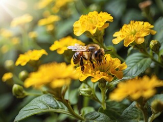 "Close-Up of a Bee Hovering Over St. John's Wort Flowers in the Garden"