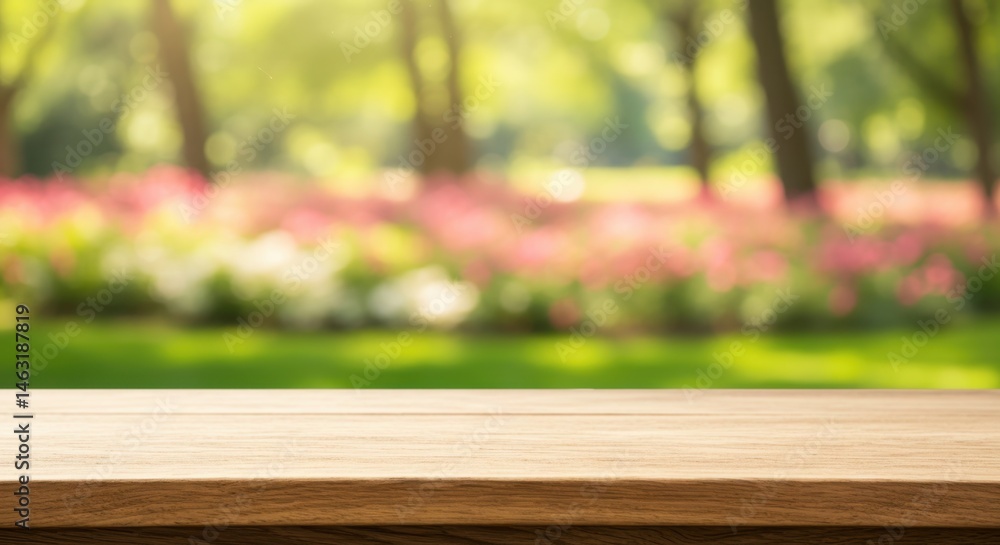 Poster empty wooden table with blurred spring garden background. outdoor product display mockup for picnic 
