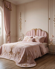 Luxurious baby pink hotel suite with regal golden detailing and grand bed styled in classic aristocratic furnishings and soft palace decor Luxurious Bedroom Interior Design