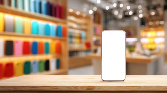 Blank Mobile Phone Display Mockup On Wood In A Retail Store