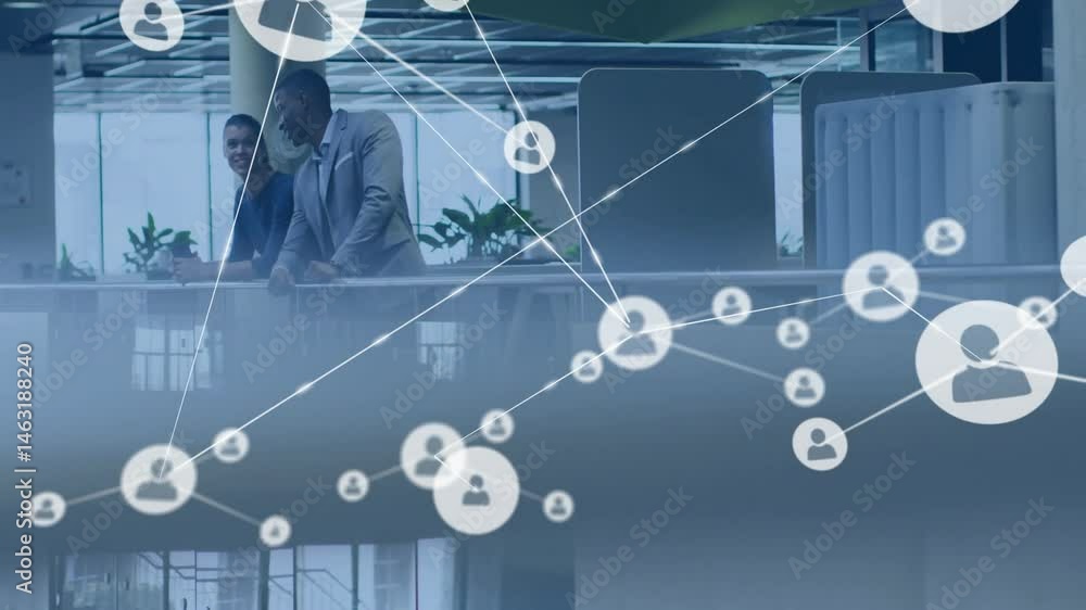Poster two colleagues leaning on railing in business office, displaying network nodes for digital teamwork
