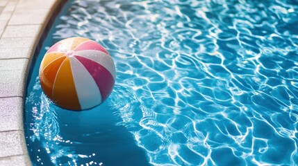 Vibrant beach ball floating on the shimmering surface of a clear blue swimming pool
