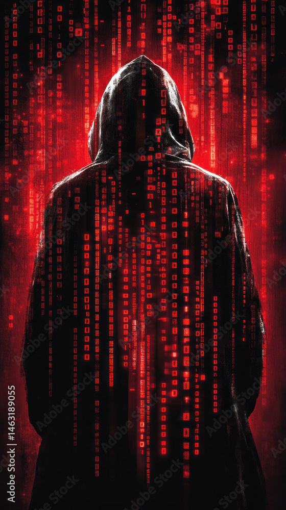 Poster a person is standing in a red background with a hood over their head. the image is a representation 