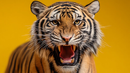 Obraz premium Majestic tiger roaring against a vibrant yellow background, showcasing its fierce beauty and power