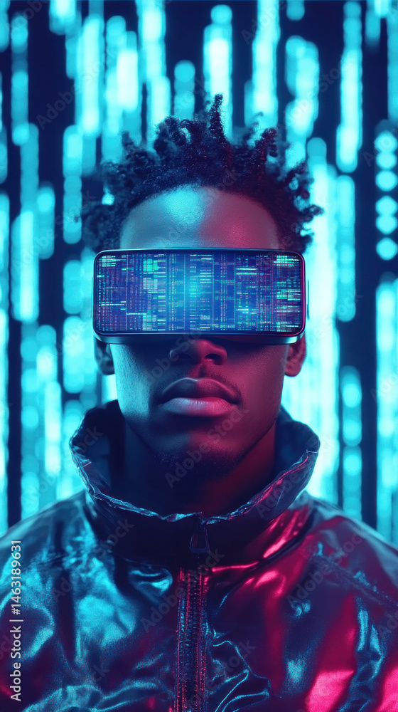 Poster a man wearing a jacket and a virtual reality headset. the image is in a futuristic style with a blue
