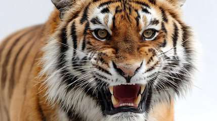 Fototapeta premium Majestic tiger roaring fiercely against a white background, showcasing its powerful presence