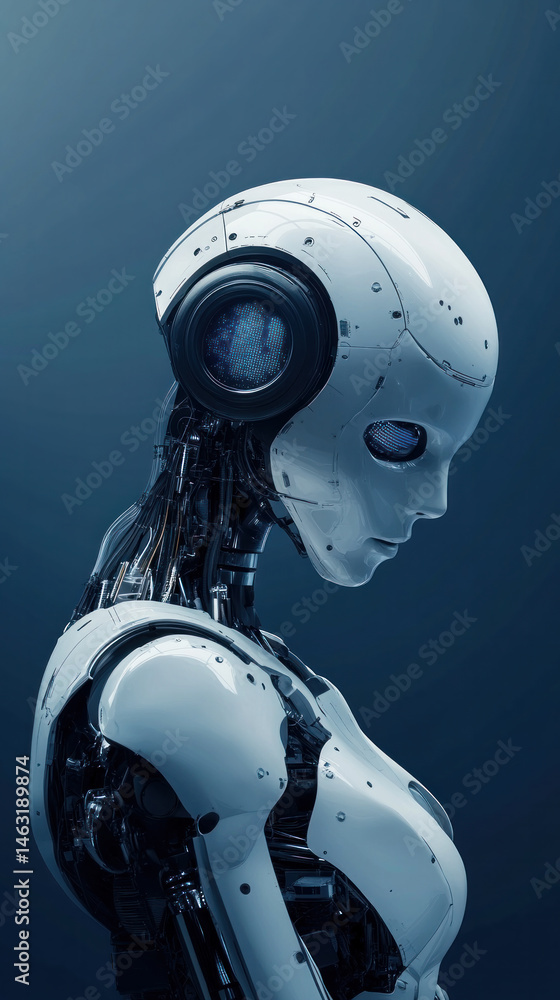 Poster a woman with a robotic face is standing in front of a blue background. the image conveys a futuristi
