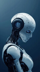 Fototapeta premium A woman with a robotic face is standing in front of a blue background. The image conveys a futuristic and technological atmosphere