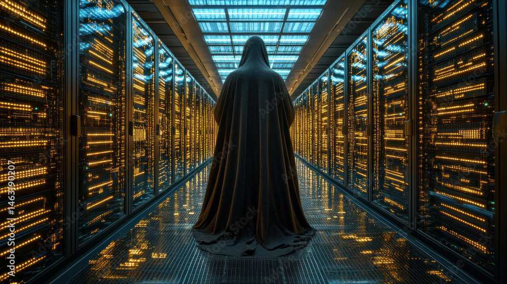 Aufkleber a man in a black robe stands in a long hallway of computer servers. the servers are lit up with a ye