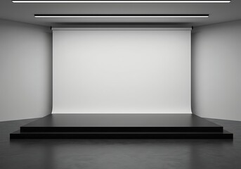 Minimalist exhibition space with stage platform, monochrome modern architecture