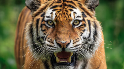 Obraz premium Majestic tiger prowling through lush greenery, showcasing its strength and beauty in nature