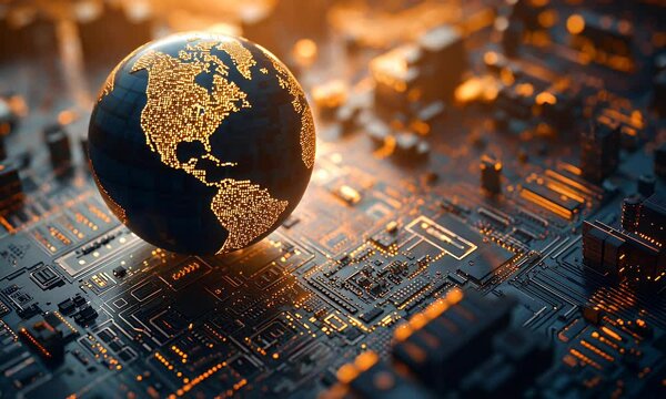 A globe made of circuit boards and microchips, sitting on top of an iPhone with the screen facing forward. The background is blurred to emphasize the world globe. There are buildings visible