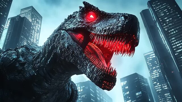Futuristic Dinosaur Roaring in Bright Urban Cityscape at Night