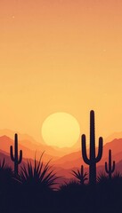 Desert Landscape with Cacti at Sunset, Minimalist Illustration