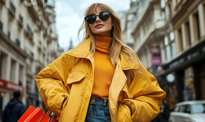 Obraz premium Confident Woman in Yellow Jacket and Sunglasses on City Street