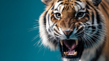 Fototapeta premium Close-up of a roaring tiger showcasing fierce expression against a vibrant blue backdrop