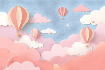 Pastel pink sky scene with paper hot air balloons.