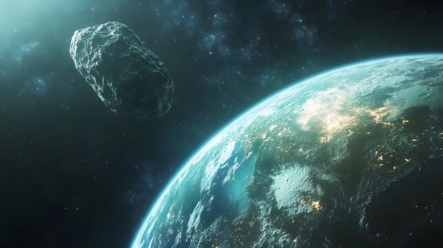 Asteroid Passing by Earth: A large asteroid passing dangerously close to Earth, with the planet&rsquo;s blue and green hues visible in the background. 

