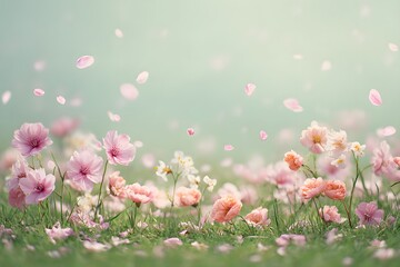 Obraz premium Floral Meadow Dream: Pastel pink and peach blossoms dance in a gentle breeze, their petals scattering across a vibrant green meadow.