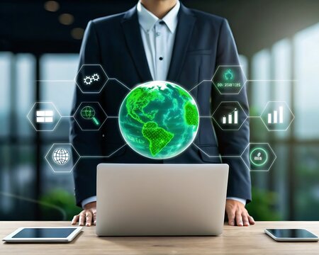 Businessman analyzing global data with laptop and digital interface icons representing worldwide information and international business 180