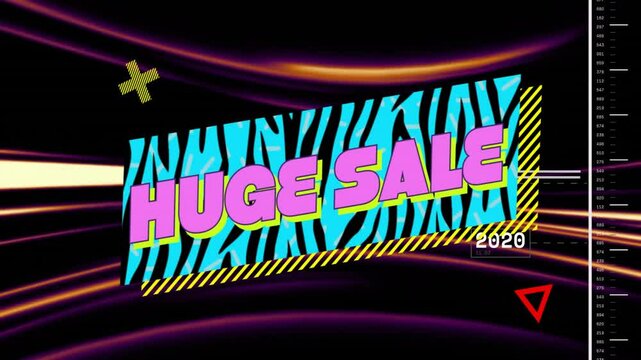 Promotional panel being displayed with zebra stripes, huge sale text, caution stripe, neon streaks